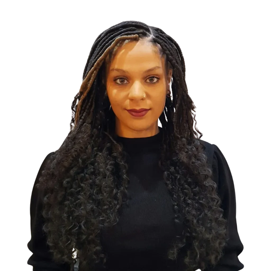 Client with long black braids styled by Maureen