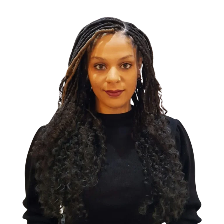 Client with long black braids styled by Maureen