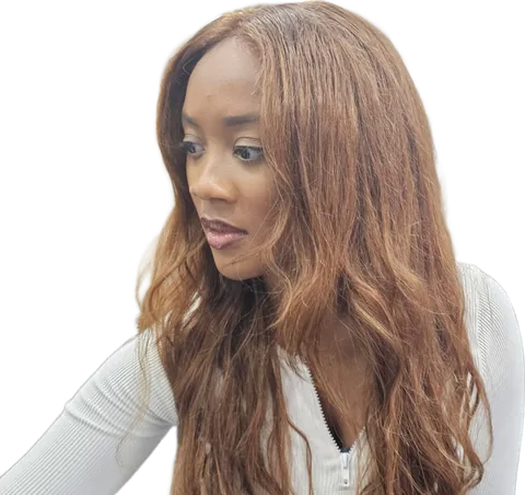 Maureen's client showing soft balayage waves, three-quarter view